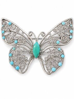 Vintage Monet Butterfly Brooch Silver Tone Filigree Blue Cabochon Accent